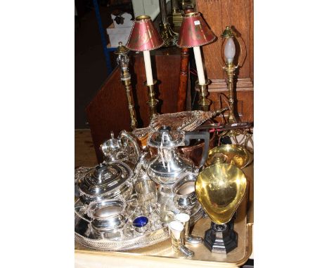 Collection of silver plated ware, kitchen scales, pair of brass lamps, pair of brass candlesticks, copper pans, bellows, etc