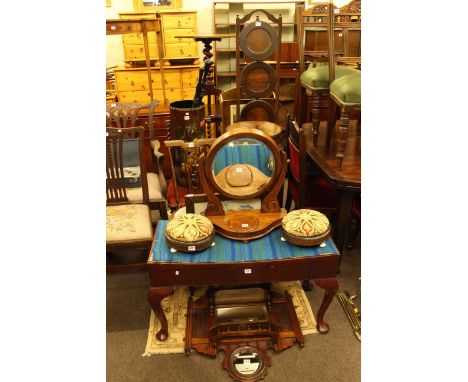 Victorian mahogany toilet mirror, Pair Victorian footstools, duet stool, firescreen, Edwardian mahogany plant stand, folding 