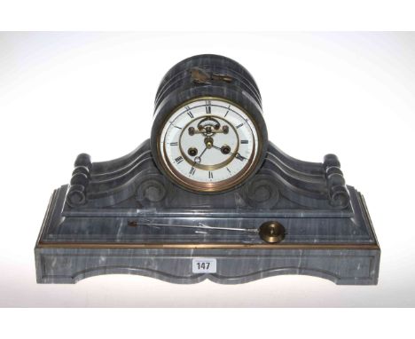 Grey slate Victorian mantel clock with circular brass and enamel dial