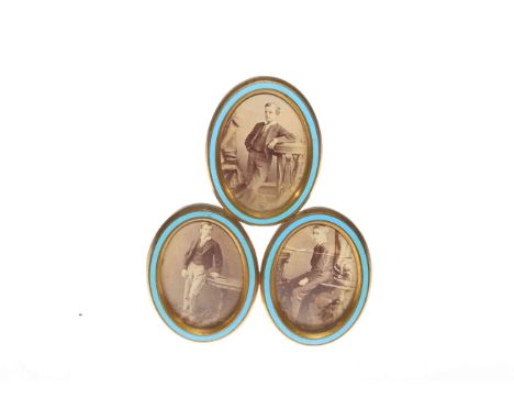 Brass and turquoise enamel triplet photograph frame, late 19th/early 20th Century, signed Edwards and Jones, 15.5cm