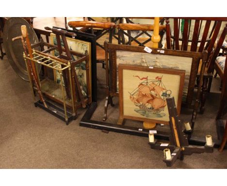 Two needlework firescreens, standard lamp, iron kerb, light fitting, two stick stands, two walking sticks, boot jack, two pic