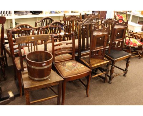 Six dining chairs (3x3), Victorian oak side chair, Victorian kitchen chair, oak planter, pair of wall cabinet and rug (12)