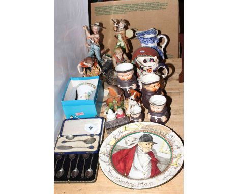 Goebel monks and figure, Capo-di-monte figures, silver spoons, Doulton plate, Chad Valley money box, etc