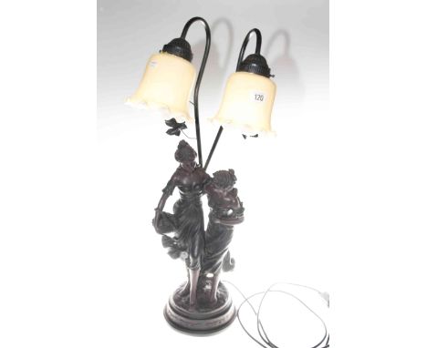 Antique style figure table lamp with twin shades