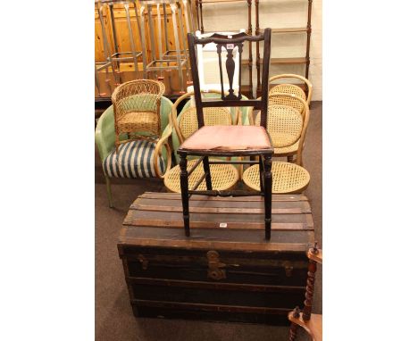 Vintage canvas and wood bound dome topped trunk, five Bentwood chairs, childs basket chair, three bedroom chairs, ottoman and