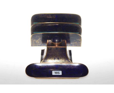 Art Nouveau cloisonne and cobalt blue enamel desk set, comprising letter rack, inkwell and pen tray