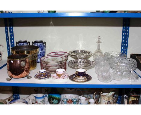 Brass and copper planters, Victorian part dessert service, pair of blue and white vases, two silver plated tazzas, three cabi