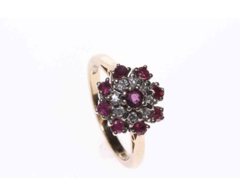 9 carat gold, ruby and diamond cluster ring, size L/M