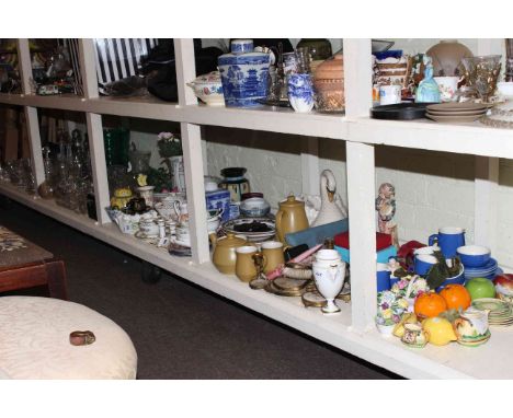 Full shelf of china and glass including decanters, bowls, toilet jug and bowl, plates, dressing table set, etc