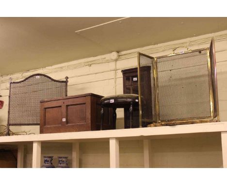 Small oak trunk, small glazed panel door corner wall cabinet, stool, gilt mirror, two spark guards and poker (7)