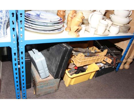Work bench, joinery tools, garden tools, tool boxes, etc