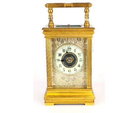 A French gilt brass repeater alarm carriage clock.  H. 20cm. Understood to be in working order.
