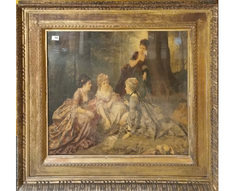 A large early 19th century gilt framed coloured lithograph of young ladies playing cards. Frame size 105 x 92 cm.