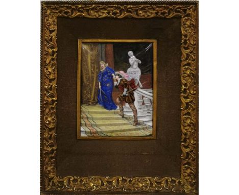 A 19th century French gilt framed hand painted enamel on copper of a cavalier wooing a lady.  Frame size 26 x 32 cm.