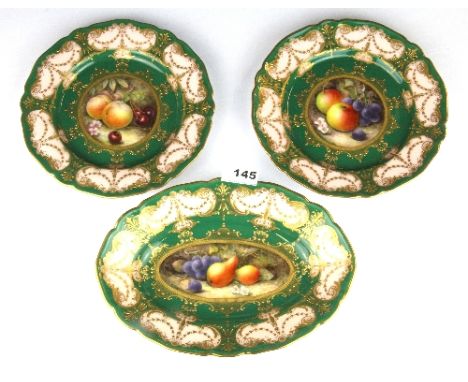 Three fine early 20thC Royal Worcester hand painted cabinet plates signed R. Sebright. The oval plate is 27cm the circular on