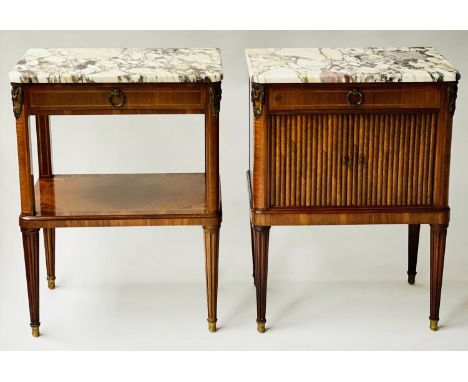 BEDSIDE/LAMP TABLES, a companion pair, early 20th century French transitional design kingwood and gilt metal mounted each wit