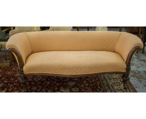 SOFA, Victorian mahogany, circa 1860, in faded peach material on castors, 197cm W. (with faults) 