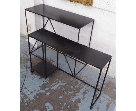 CONSOLE TABLES, a set of two, Largest 90cm x 35cm x 76cm. (2) (with faults) 