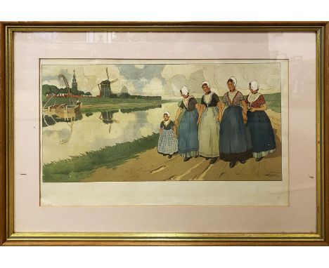 HENRI CASSIERS (1858-1944) 'Women at a Canal Side', lithograph, 25cm x 42cm, framed. 