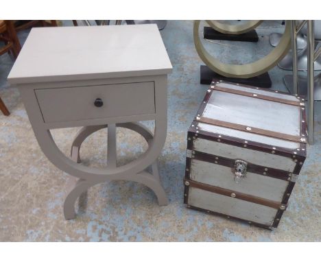 TRUNK AND SIDE TABLE, Aviator style with a square rising top, 40cm square x 45cm H and a grey side table with a short drawer 