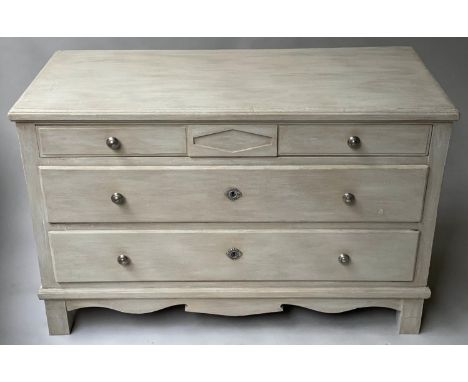 COMMODE, early 19th century Swedish grey painted with three long drawers and shaped apron, 57cm x 122cm x 78cm H. 