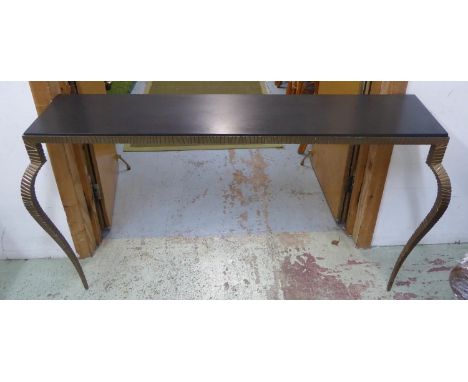CONSOLE TABLE, contemporary worked metal, ebonised wood top, 150cm x 39cm x 88cm approx. 