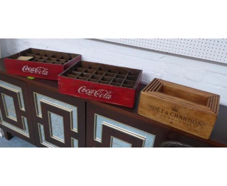 COKE AND CHAPAGNE CRATES AND BOXES, vintage style, Coca Cola and Moet &amp; Chandon respectively, 47cm x 30cm x 12cm at large