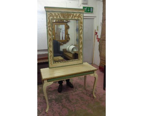 WALL MIRROR, cream, green and gold painted with leaf and berry decoration, 92cm W x 132cm H and a console table on cabriole s