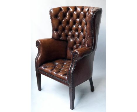 ARMCHAIR, George III design hand dyed tobacco brown leather and brass studded with bow barrel back and scroll arms, 77cm x 10