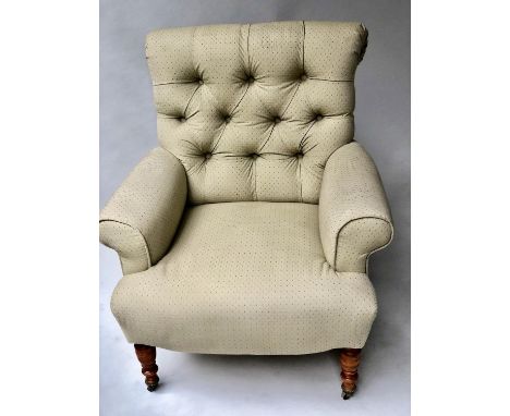 ARMCHAIR, Edwardian pico taupe cotton upholstered with button back and scroll arms, 79cm W. 