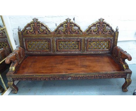 INDIAN LOUNGE SET, contemporary carved, with elephant detail to arms, includes sofa and two chairs, 142cm at widest. (3) (cus