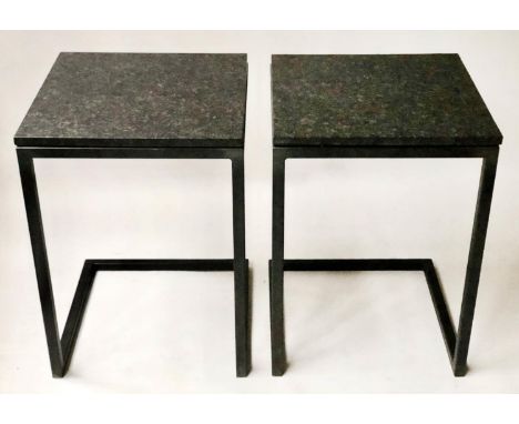 LAMP TABLES, a pair, square granite on L shaped black metal bases, 46cm x 46cm x 64cm H. (2) 