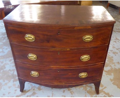 BOWFRONT CHEST, George III mahogany with three long drawers and a shaped apron on swept bracket front feet, 94cm W x 89cm H x