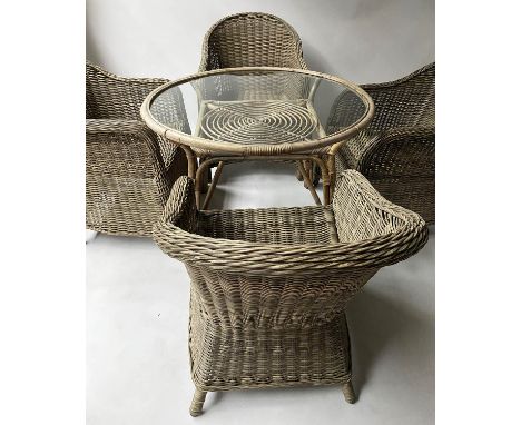 ORANGERY TABLE AND CHAIRS, vintage bamboo and cane bound two tone with circular glass top and four armchairs, table 98cm diam