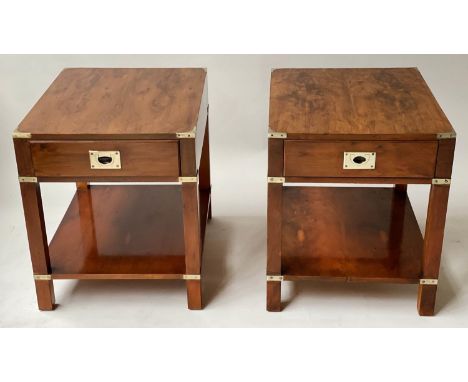 LAMP TABLES, a pair, campaign style yewwood and brass bound, each rectangular with drawer and undertier, 48cm x 61cm x 56cm H