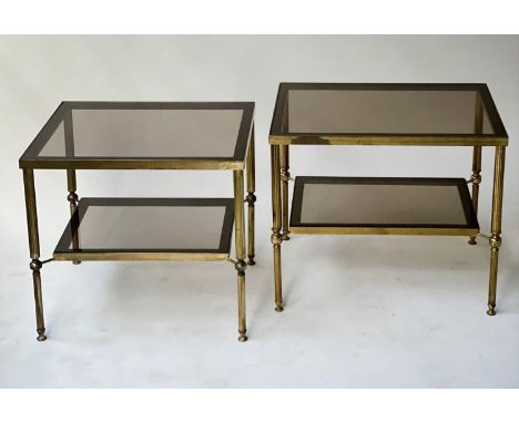 LAMP TABLES, a pair, 1970's lacquered brass each with sepia glass top, reeded columns and undertier, 46cm x 51cm H x 55cm. (2
