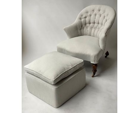 SLIPPER ARMCHAIR, Victorian walnut, with deep button upholstered parchment white cotton, 50cm x 50cm x 40cm H, together with 