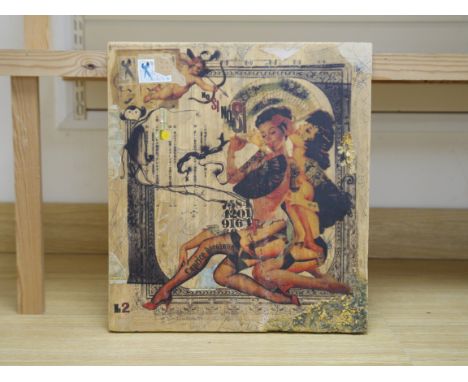 Handiedan (contemporary), print, collage, acrylic and pen on wood, ‘Paradise No. 1’, unframed, with certificate of authentici