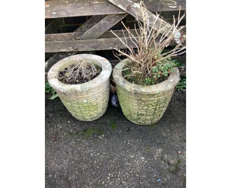 Three reconstituted stone garden planters, largest height 54cm and a reconstituted stone sundial, with bronze dial and gnomon