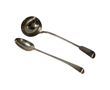A George IV silver fiddle pattern soup ladle, by Charles Eley, London, 1827, 31.7cm, together with an 18th century silver Old