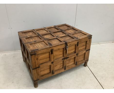 An Indian iron mounted hardwood trunk, width 87cm, depth 63cm, height 54cm. Condition - fair
