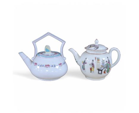A Worcester chinoiserie teapot, c.1770 and a Victorian teapot with decorative butterfly cover, chinoiserie teapot 16cm high. 