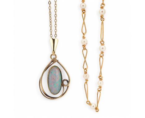 A recent yellow metal and cultured pearl bead set necklace, 38cm, together with a 9ct and opal triplet set pendant, on a 9k f