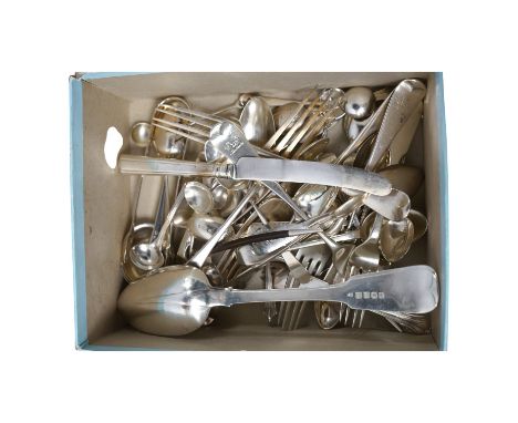 A quantity of assorted mainly 19th century silver flatware, various date, makers and patterns including a pair of George IV s