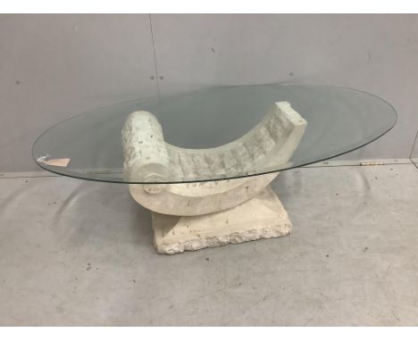 A Contemporary Italian design oval glass coffee table on composite 'C' scroll base, width 130cm, depth 70cm, height 41cm. Con