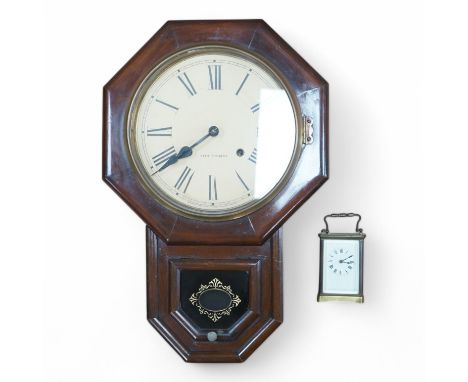 An American Seth Thomas mahogany wall clock and a French carriage timepiece, largest 55cm high. Condition - fair to good, unt