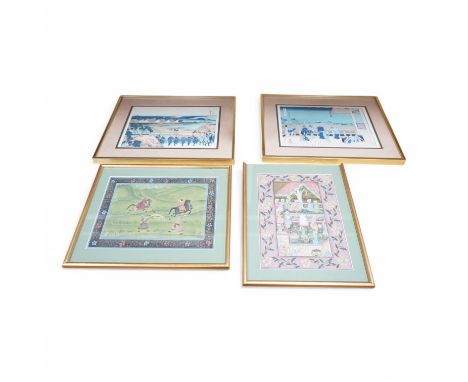 A pair of Indian and Mughal style watercolours on fabric, Hunting scene and figures dancing, together with a pair of Japanese