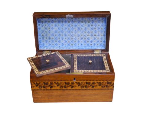 A Victorian Tunbridgeware rosewood tea caddy, 22cm wide. Condition -  fair to good, some minor cracking