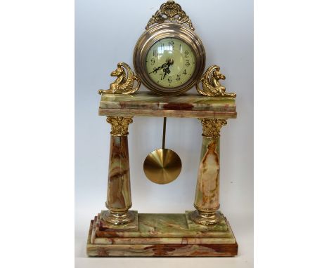 A contemporary Empire style ormolu portico clock with Corinthian columns, circular dial with Arabic numerals, approx 50.5cm h