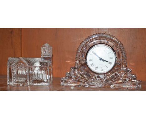 A Waterford Crystal mantel clock; a Waterford Crystal Lismore Village Church model, paper label (2)